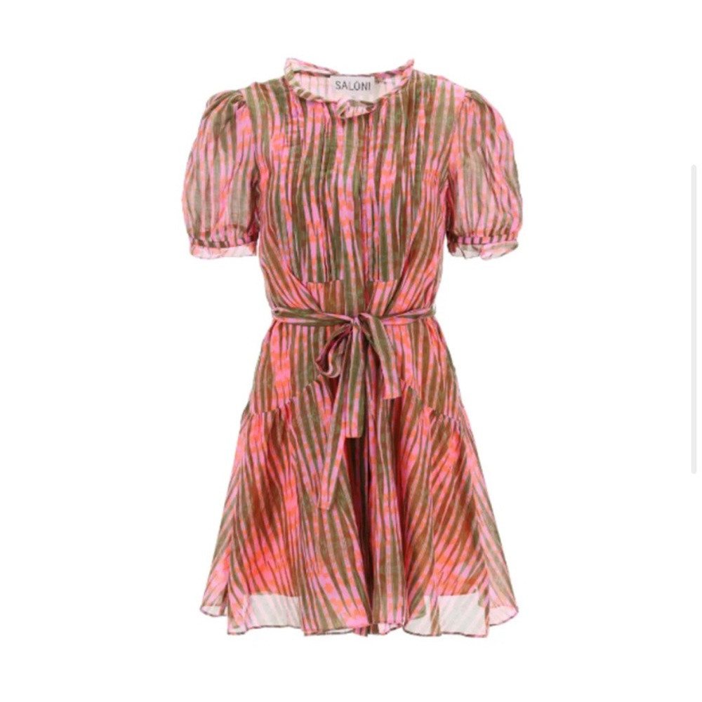 SALONI Penny Mini Dress Cotton Silk Pleated Bib Tide Olive